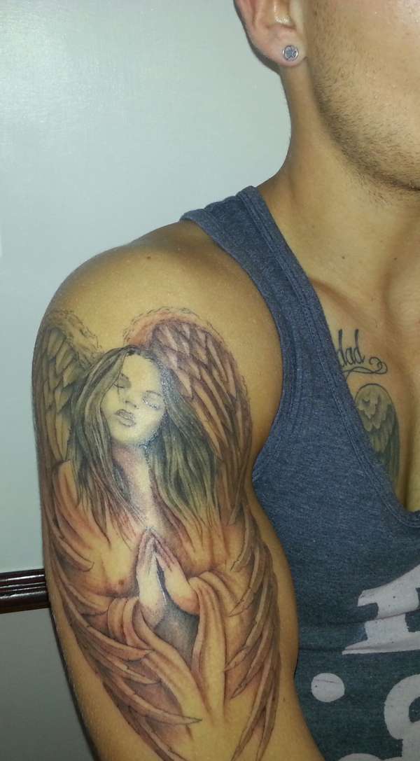 Lovely Praying Angel Tattoo On Right Half Sleeve