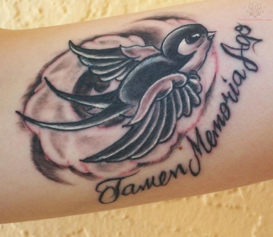 Lovely Swallow Remembrance Tattoo On Arm