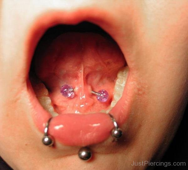 Lower Lip And Tongue Frenulum Piercing With Purple Barbell