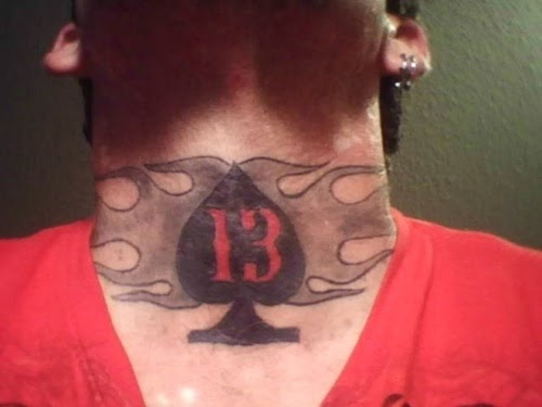 Lucky Seven Number Playing Card Style Tattoo On Neck