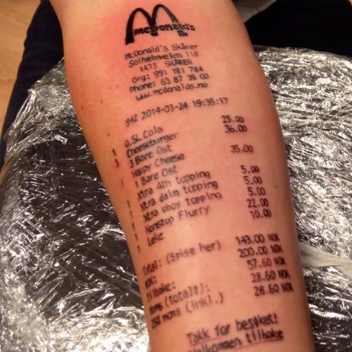 MC Donald Receipt Including Rate Numbers Tattoo On Forearm