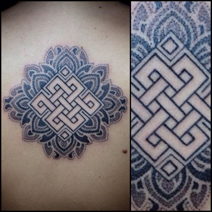 Mandala Endless Knot Flower Tattoo On Upper Back