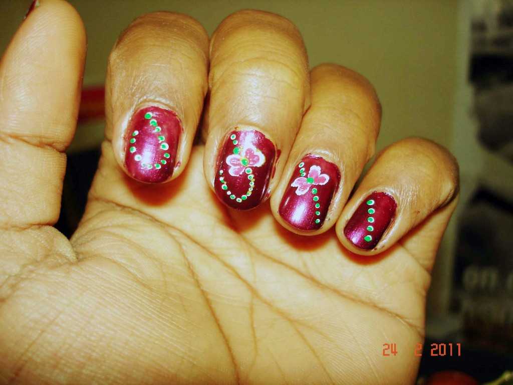 Maroon Nails With Pink Flowers Nail Art Short Nails