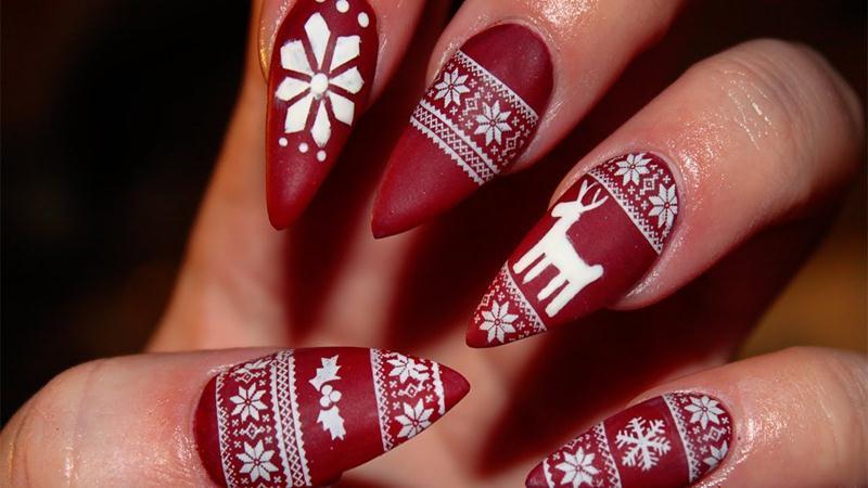 Matte Maroon Nails With White Christmas Design Nail Art