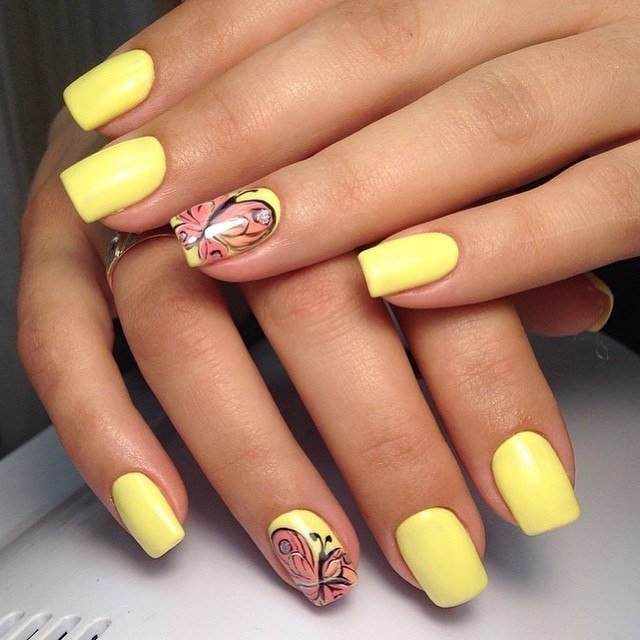 Matte Yellow Nails With Pink Butterfly Nail Art Design