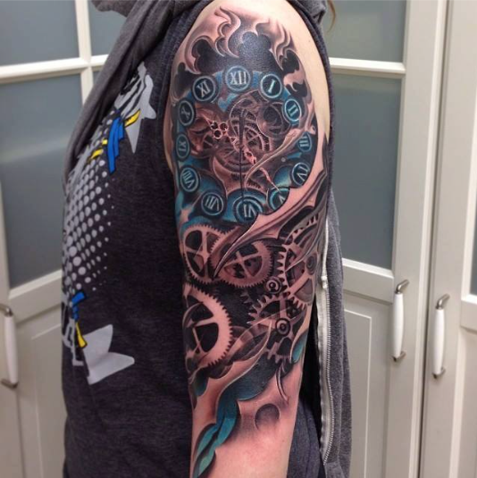 Mechanical Clock Tattoo On Left Half Sleeve by Rember Orellana