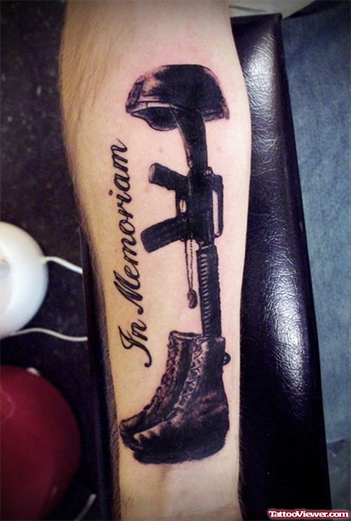 Military Gun Remembrance Tattoo On Sleeve