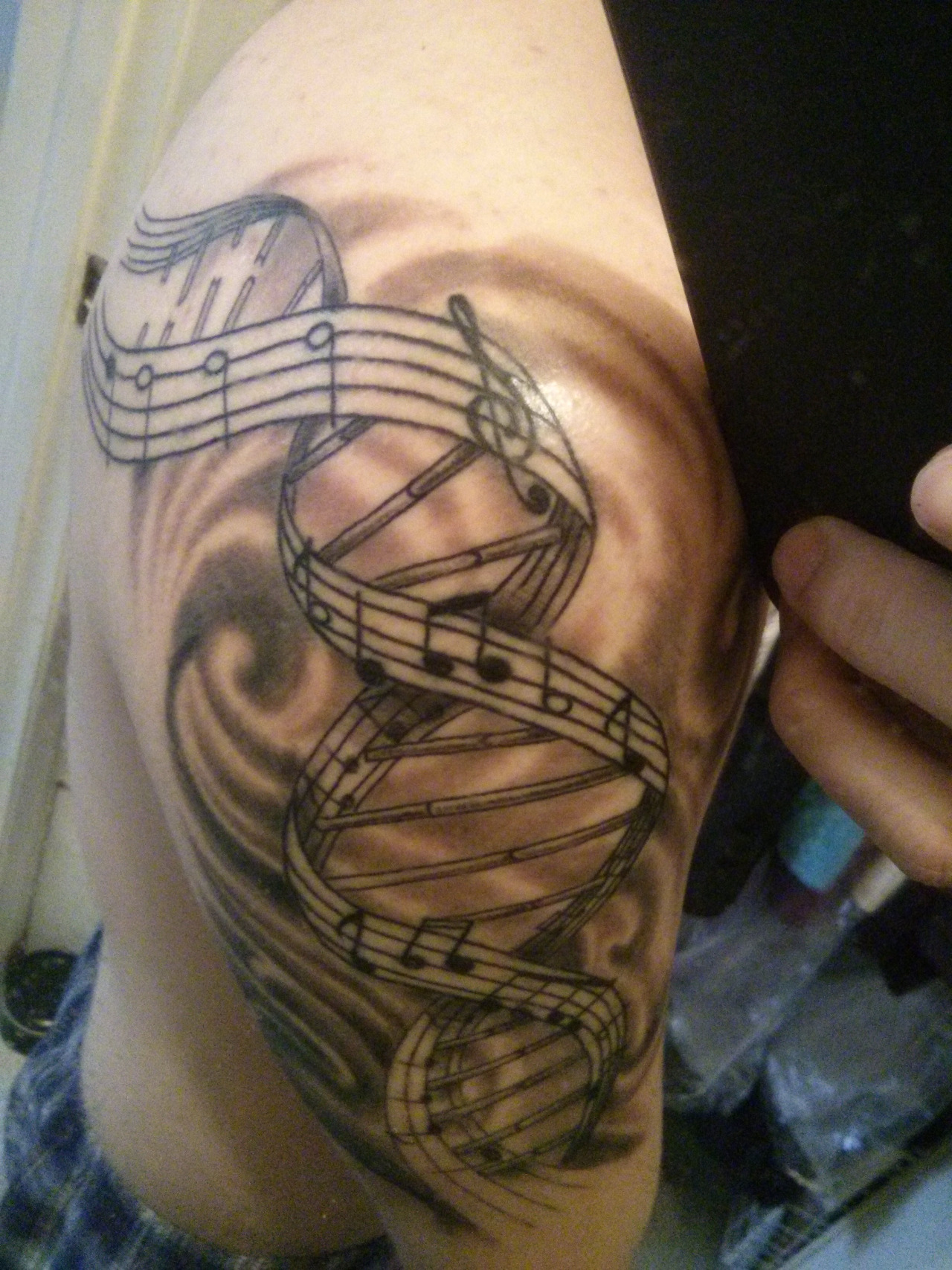 Molecular Biology With Music Tattoo On Right Half Sleeve