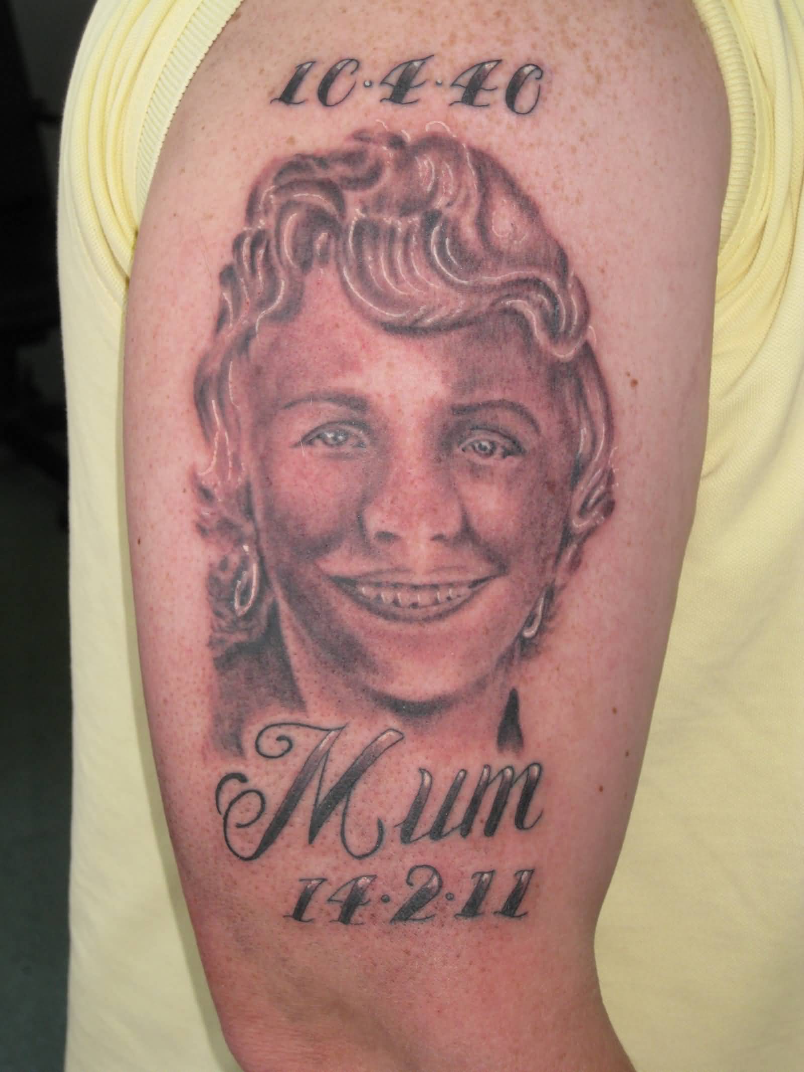 Mom Portrait Remembrance Tattoo On Right Half Sleeve