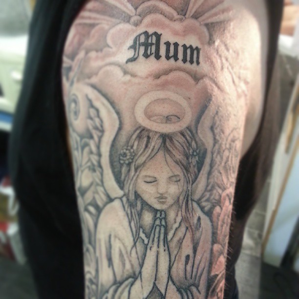 Mom Praying Angel Tattoo On Right Half Sleeve