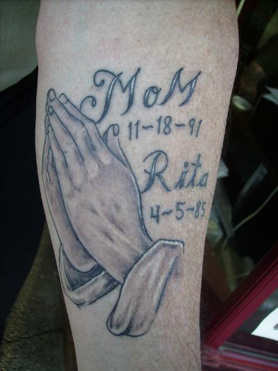 Mom Remembrance Praying Hands Tattoo On Forearm