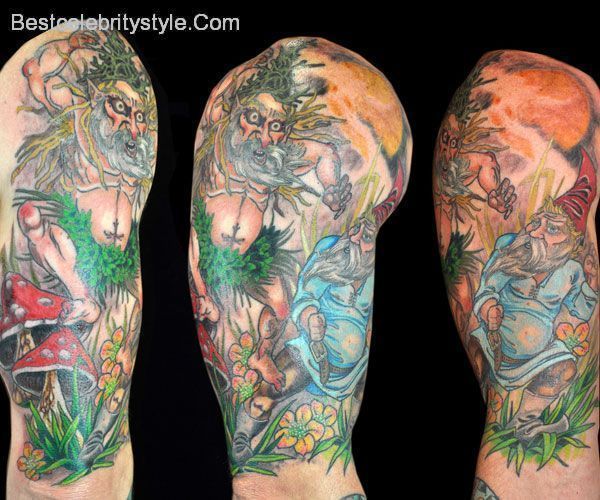 Monster Chasing Spectacular Gnome Tattoo On Right Half Sleeve