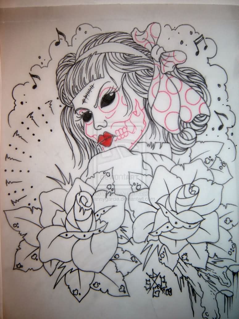 Music Notes Roses And Zombie Pin Up Girl Tattoo Drawing