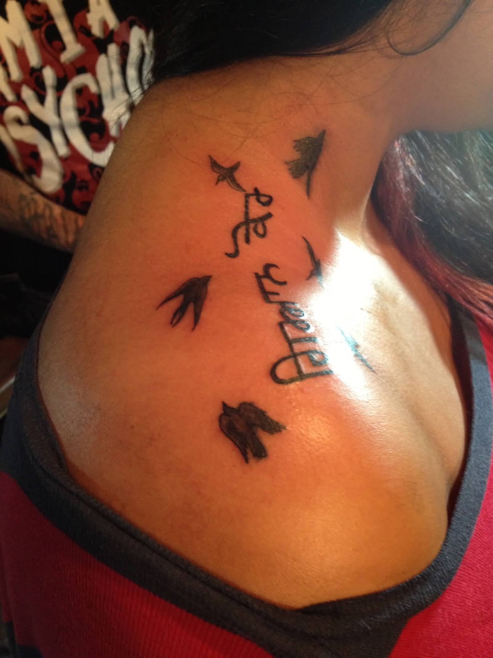 Name In Punjabi Font With Birds Tattoo On Right Upper Shoulder