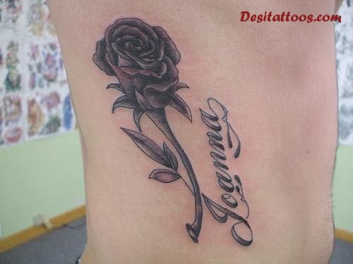 Name With Rose Remembrance Tattoo On Side Rib