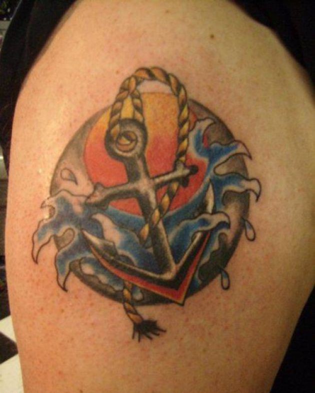 Navy Anchor Tattoo On Left Shoulder