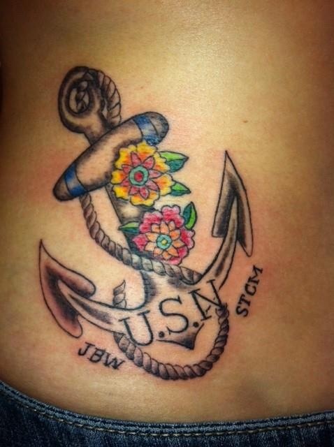 Navy Anchor With Flowers Tattoo