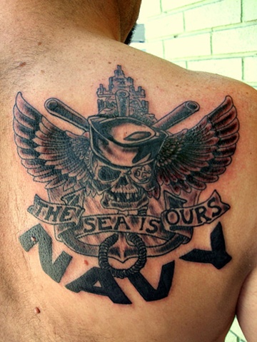 Navy Custom Emblem Tattoo On Right Back Shoulder