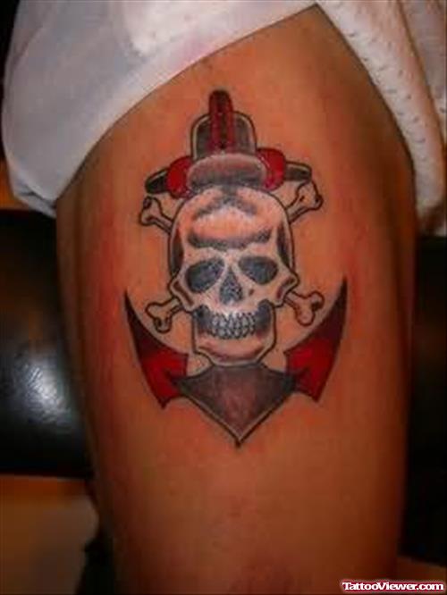 Navy Skull Tattoo On Thigh