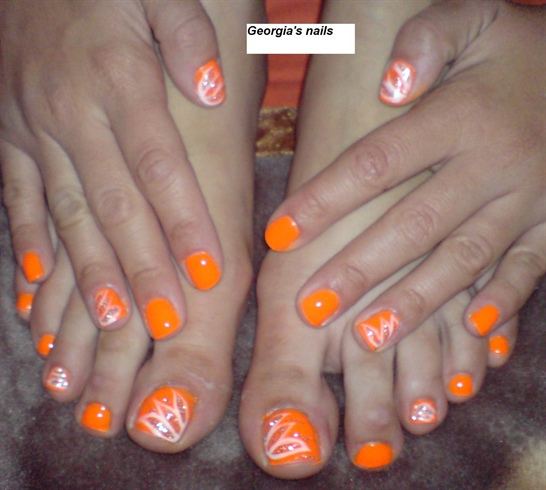 Neon Orange Nail Art For Hands And Toe Nails
