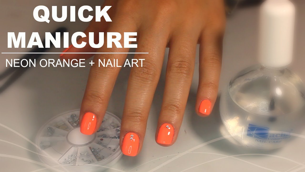 Neon Orange Nails With Rhinestones Design Nail Art Tutorial Video