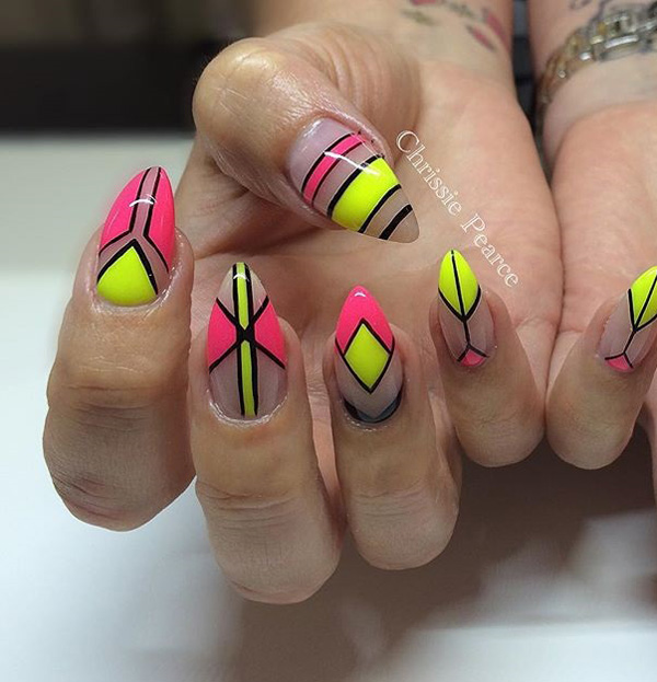 Neon Pink And Yellow Abstract Negative Space Nail Art