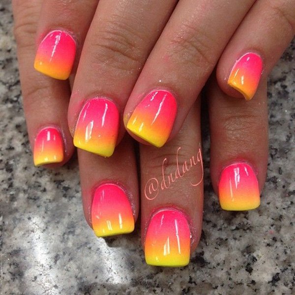 Neon Pink And Yellow Gradient Nail Art