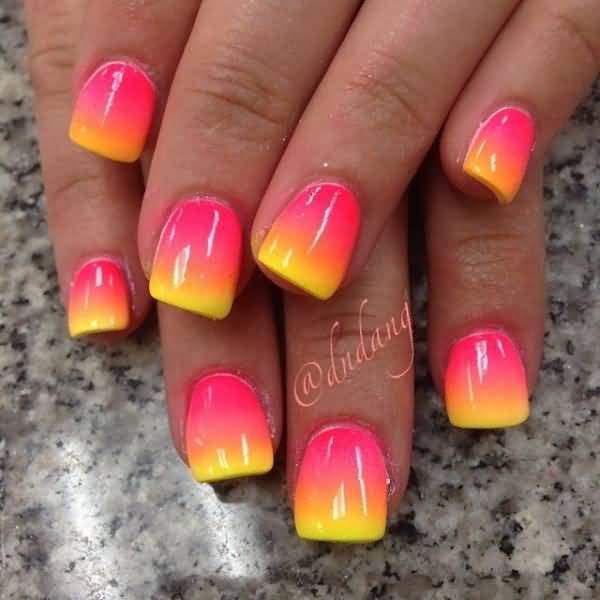 Neon Pink And Yellow Ombre Nail Design