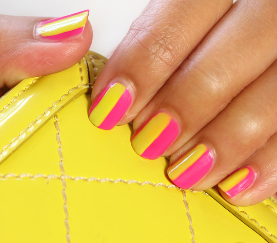 Neon Pink And Yellow Stripes Design Nail Art