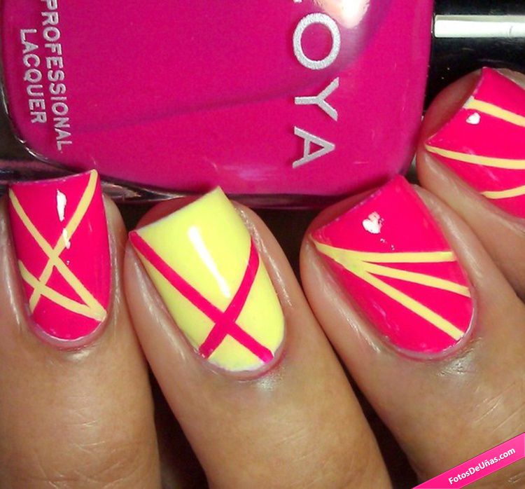 Neon Pink And Yellow Stripes Nail Art