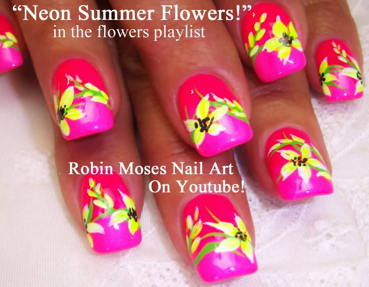 Neon Pink And Yellow Summer Flowers Nail Art