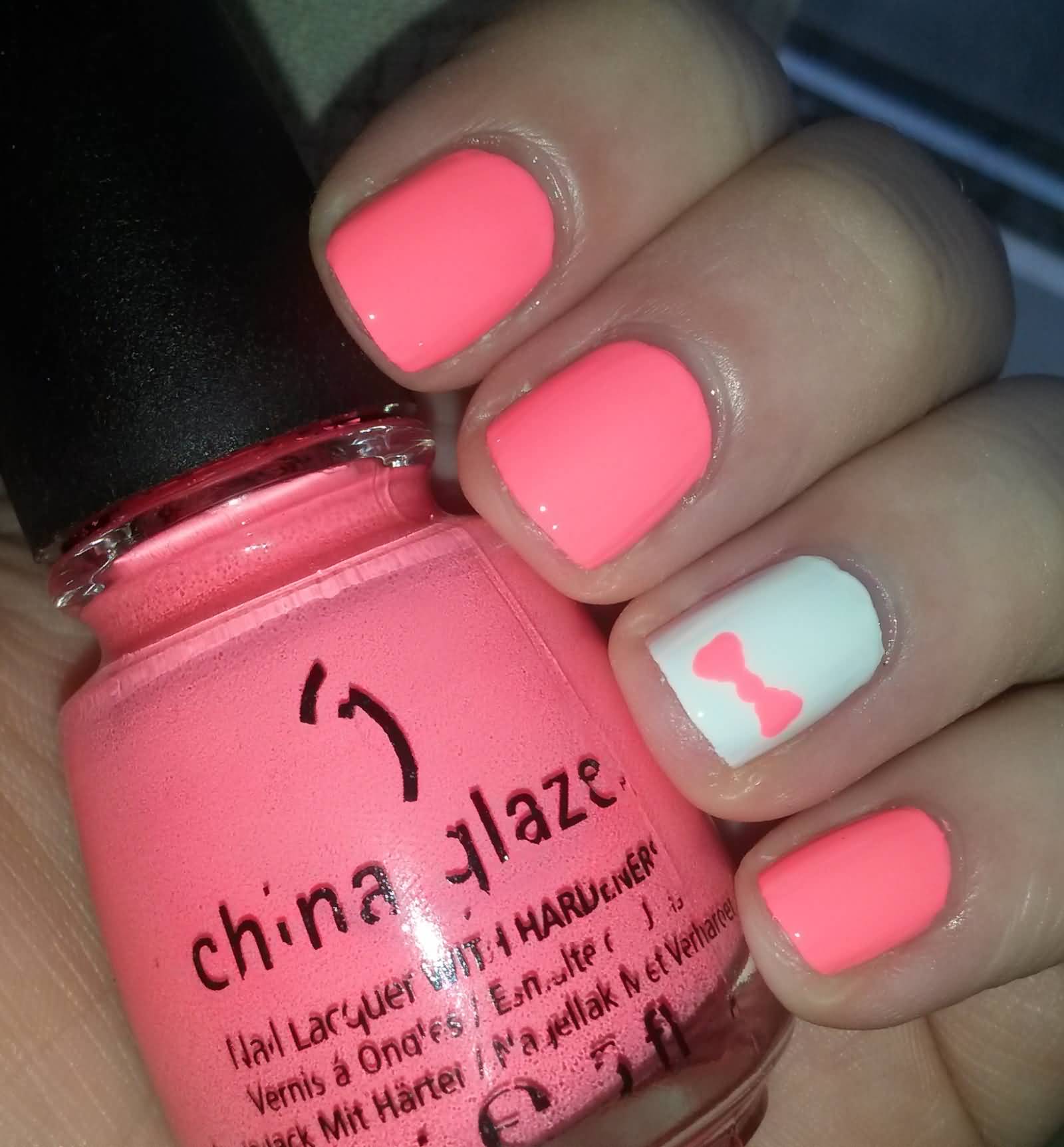 Neon Pink Bow On White Accent Short Nail Art