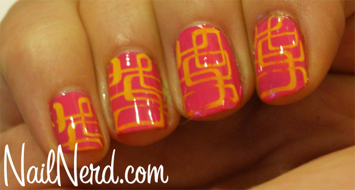 Neon Pink Nails With Yellow Lines Design Nail Art