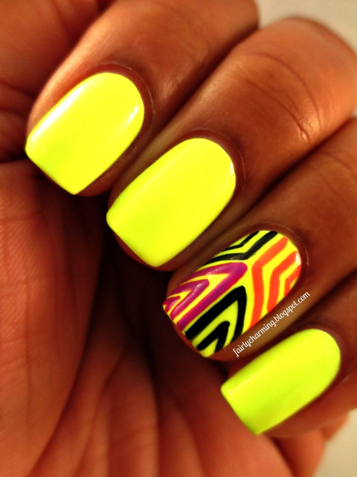 Neon Yellow And Accent Abstract Lines Design Nail Art