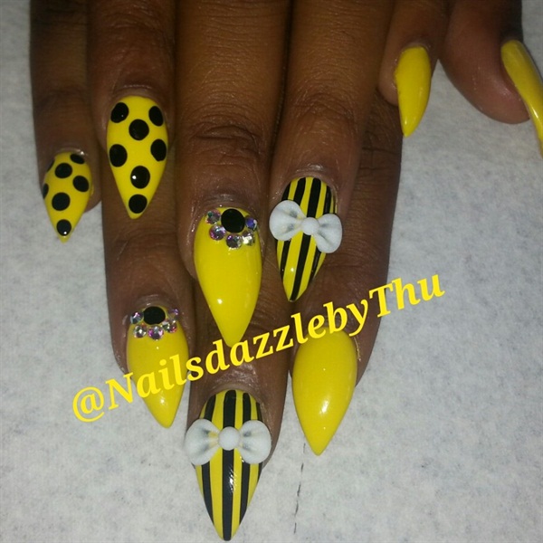 Neon Yellow And Black Nail Art With 3D Bow Design