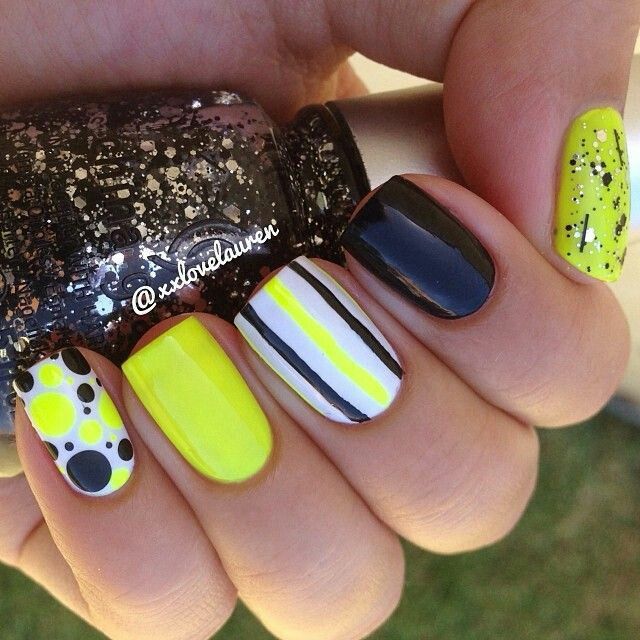 Neon Yellow And Black Polka Dots And Stripes Nail Art
