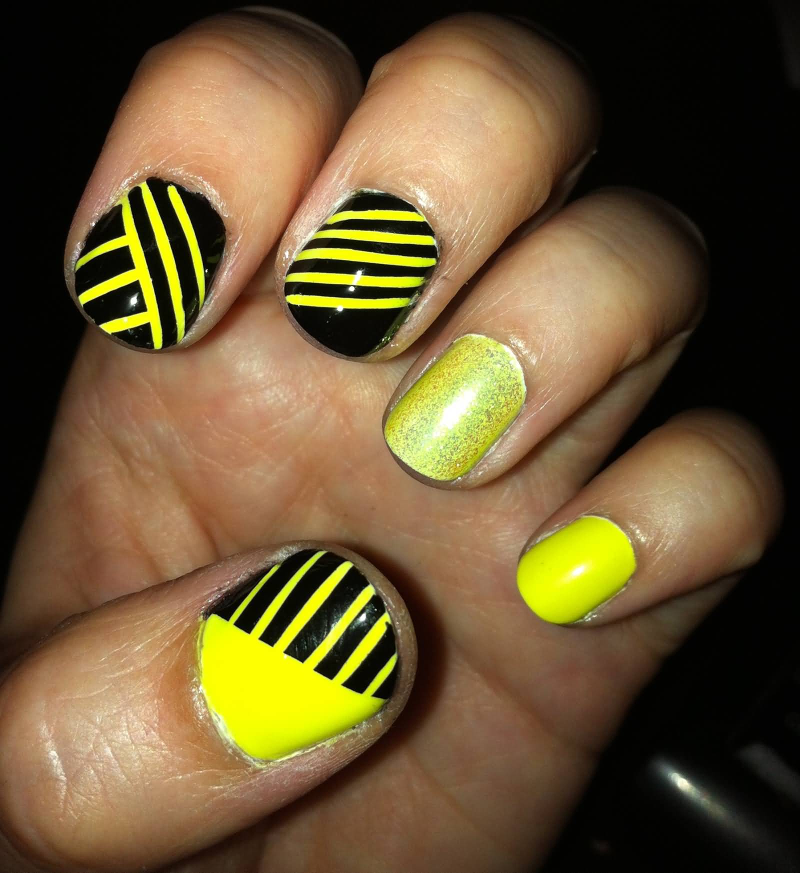Neon Yellow And Black Stripes Design Nail Art