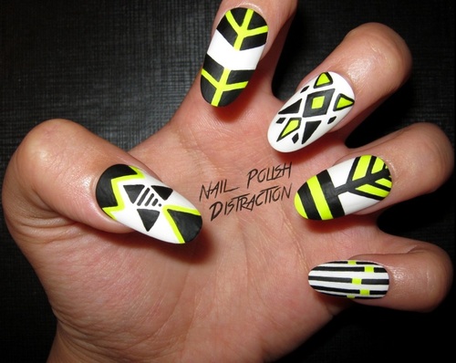 Neon Yellow And Black Tribal Design Nail Art