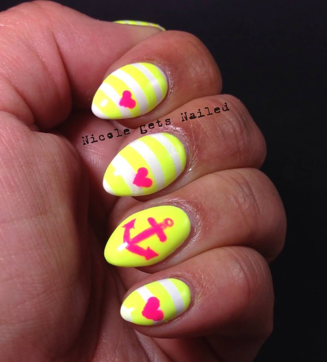 Neon Yellow And Pink Nautical Design Nail Art