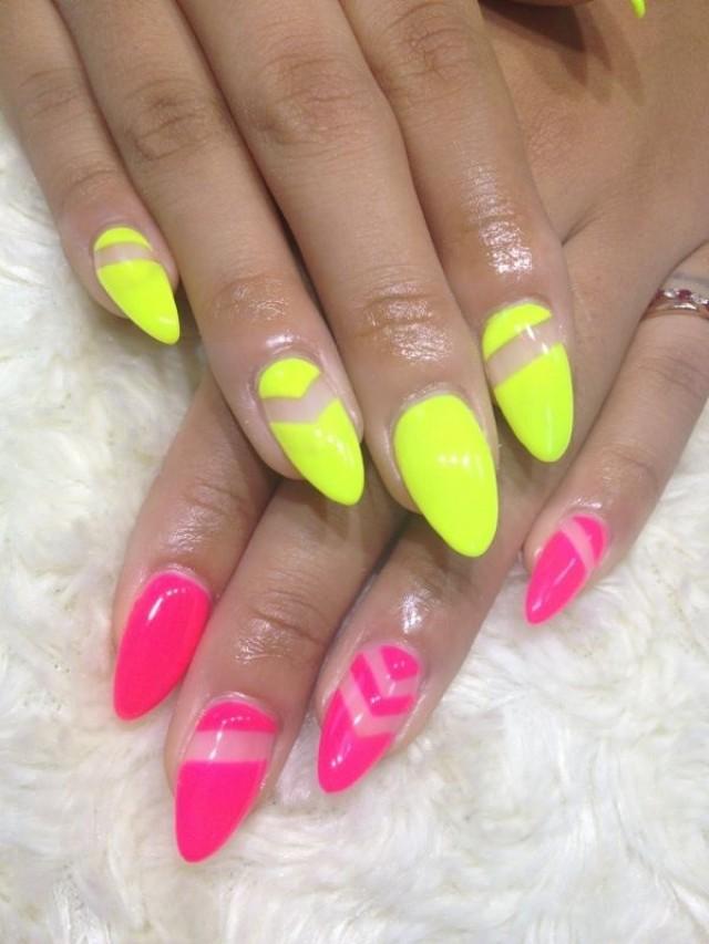 Neon Yellow And Pink Negative Space Design Nail Art
