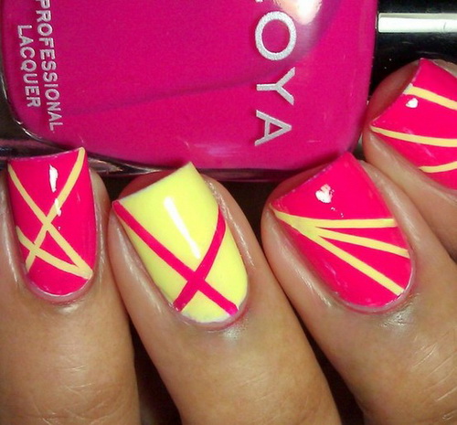 Neon Yellow And Pink Stripes Nail Art