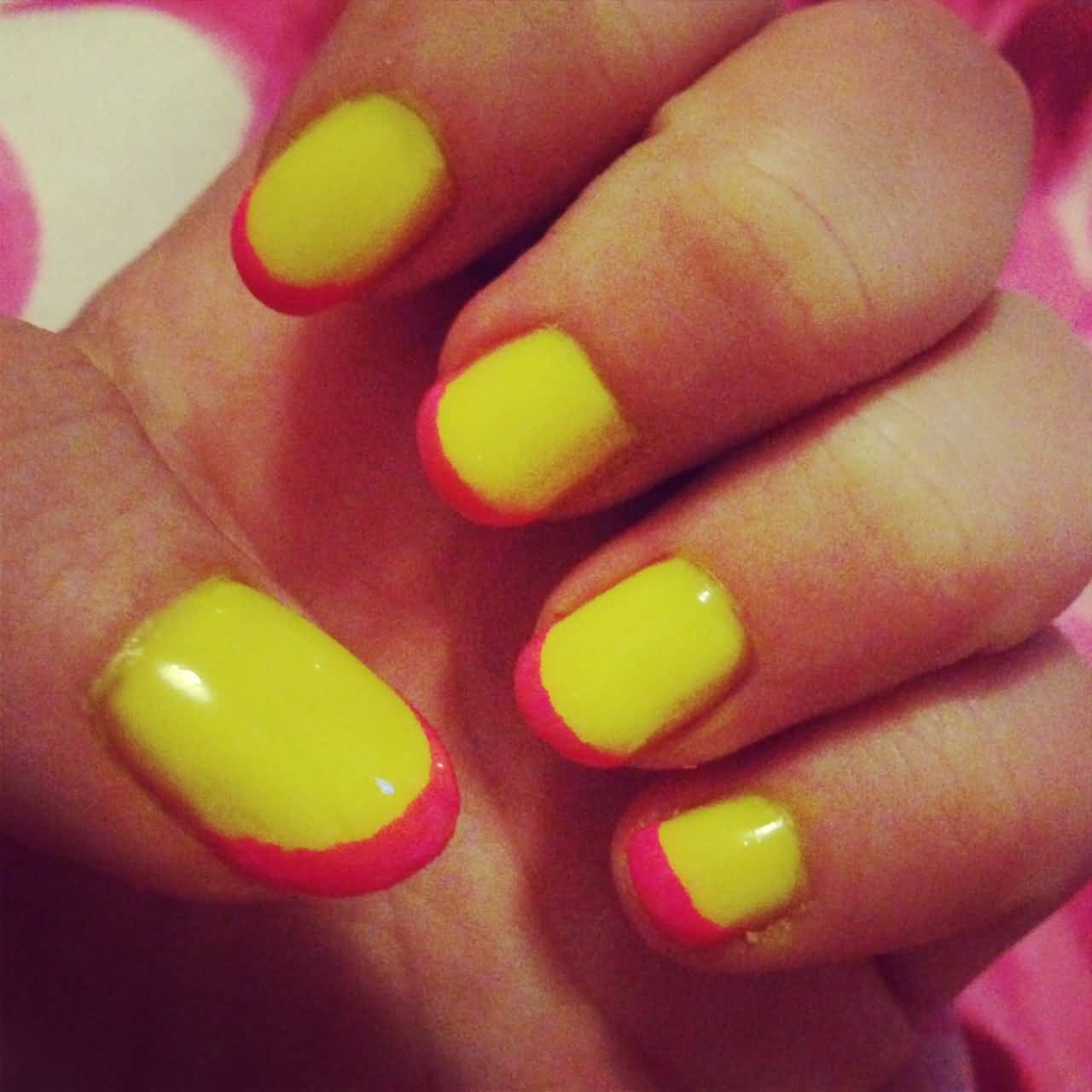 Neon Yellow And Pink Tip Nail Art Design