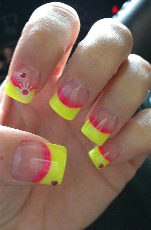 Neon Yellow And Pink Tip Nail Art