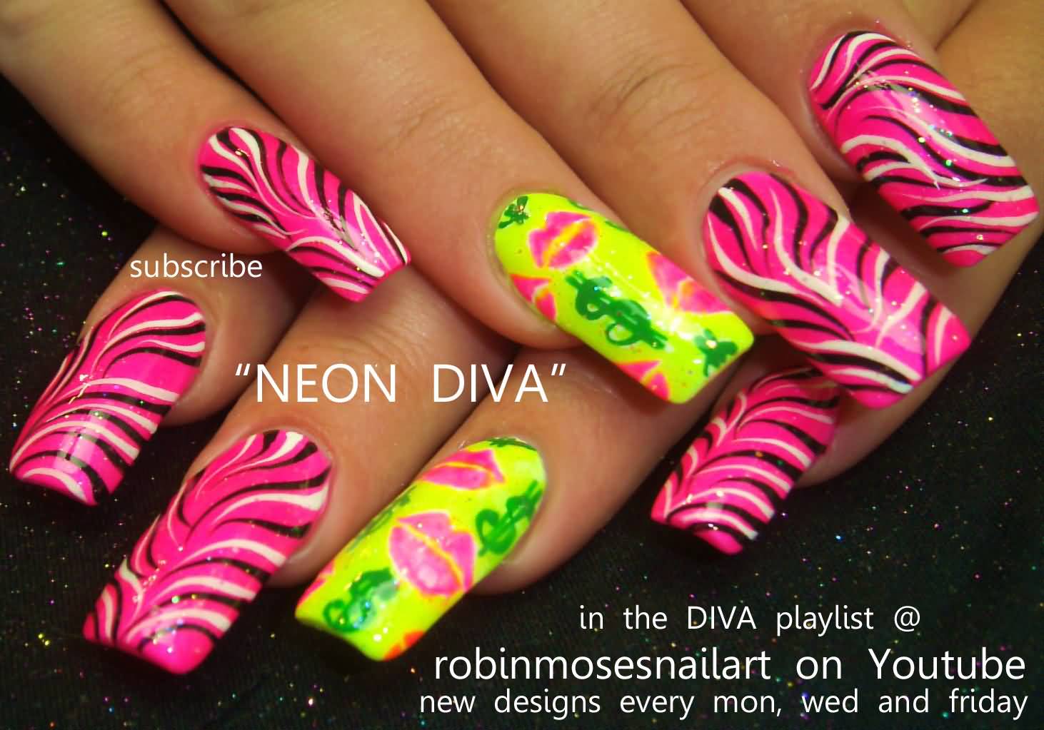 Neon Yellow And Pink Zebra Print Nail Art Design Idea