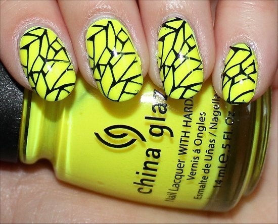 Neon Yellow Cracked Design Nail Art