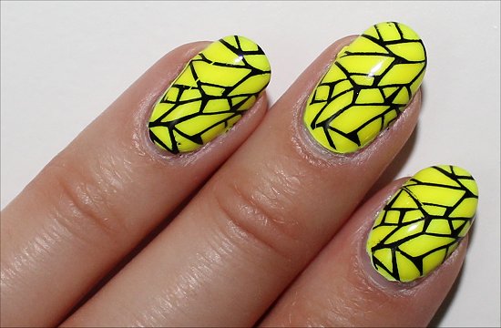 Neon Yellow Cracked Nail Art Design
