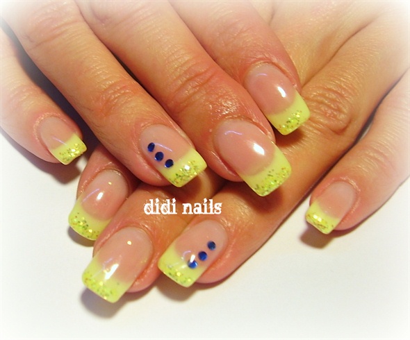 Neon Yellow Glitter Gel Tip And Blue Dots Design Nail Art