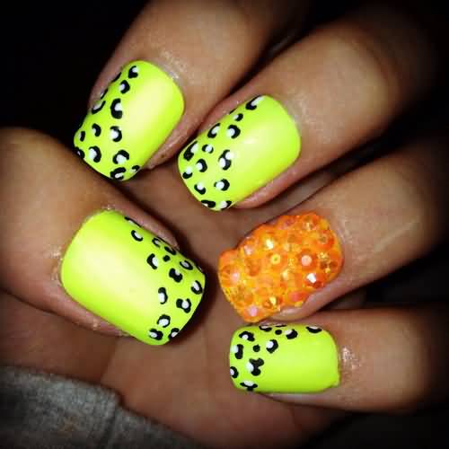 Neon Yellow Leopard Print With Accent Orange Caviar Beads Design Nail Art