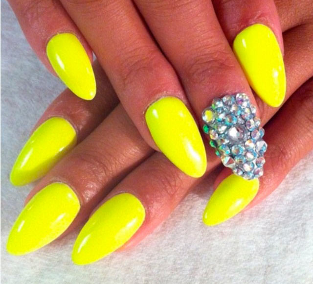 Neon Yellow Nails With Accent Crystals Design Idea