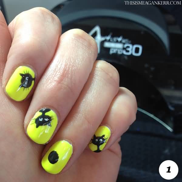 Neon Yellow Nails With Black Cat Design Nail Art